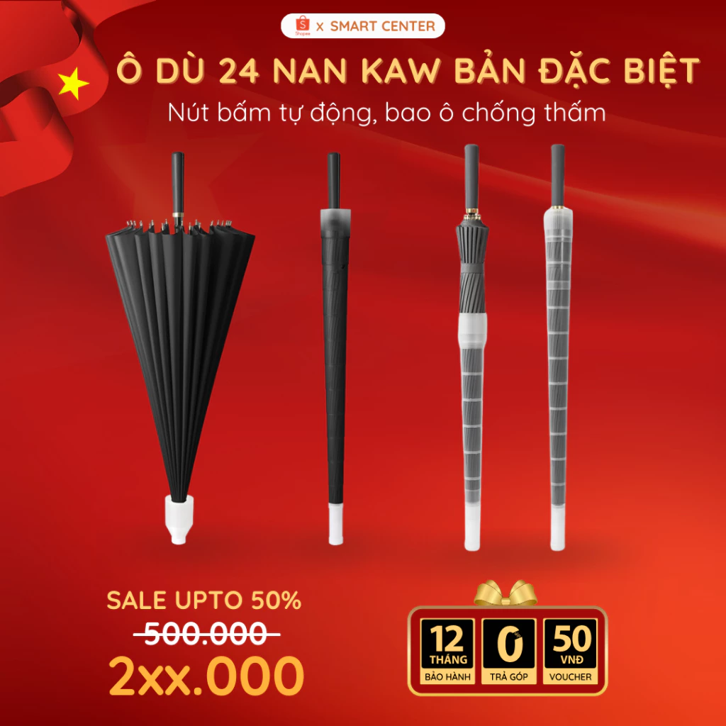 Ô Dù Cỡ Lớn 24 Nan KAW - Nút Bấm Mở Ô Tự Động, Có Bọc Bảo Vệ Chống Thấm Nước, Che Mưa Nắng, Chống Tia UV
