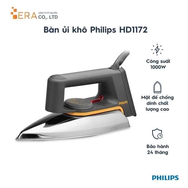 Bàn ủi PHILIPS HD1172 (dây 1m9-1000W) Mặt đế nhôm, nút điều khiển và đèn báo nhiệt