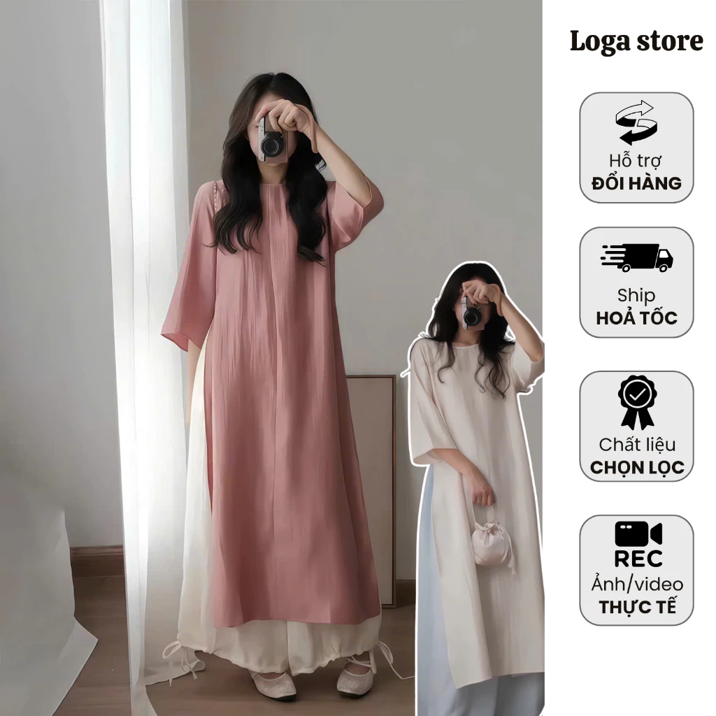 Set áo dài tơ kèm quần đũi dáng bí Tết, Áo dài nữ Tết tay lỡ form xuông 2 màu Loga Store L23