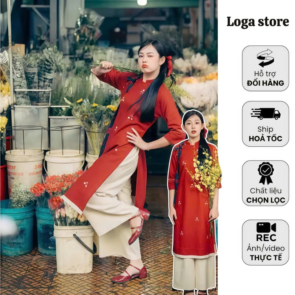 Set áo dài thêu hoa vintage tết, áo dài nữ linen tay lỡ form xuông Loga store _ L24