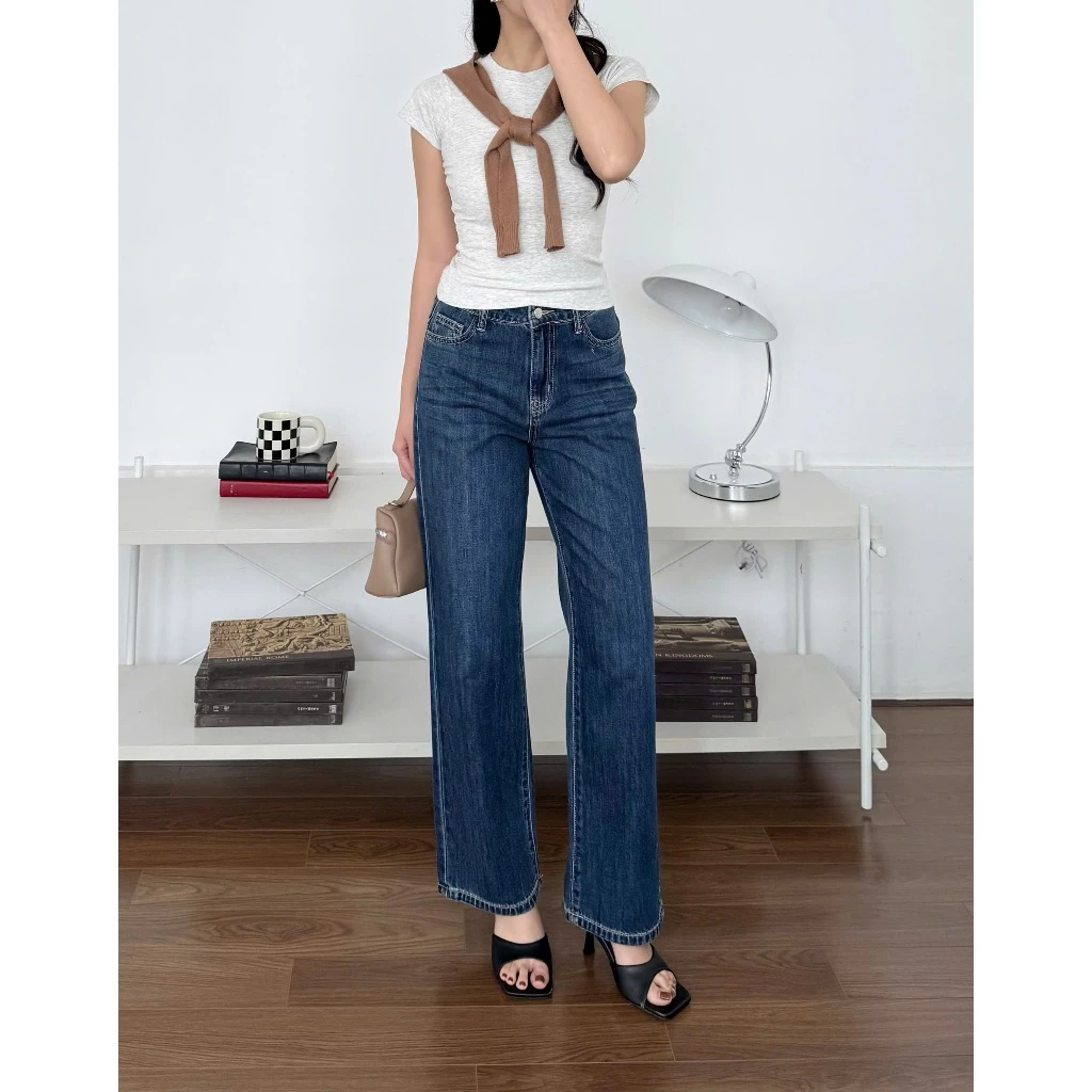 Quần Jean Ống Rộng Denim LD-03 Không Co Giãn , Lưng Cao Ống Rộng Vừa, Màu Xanh Đậm Wash Tôn Dáng