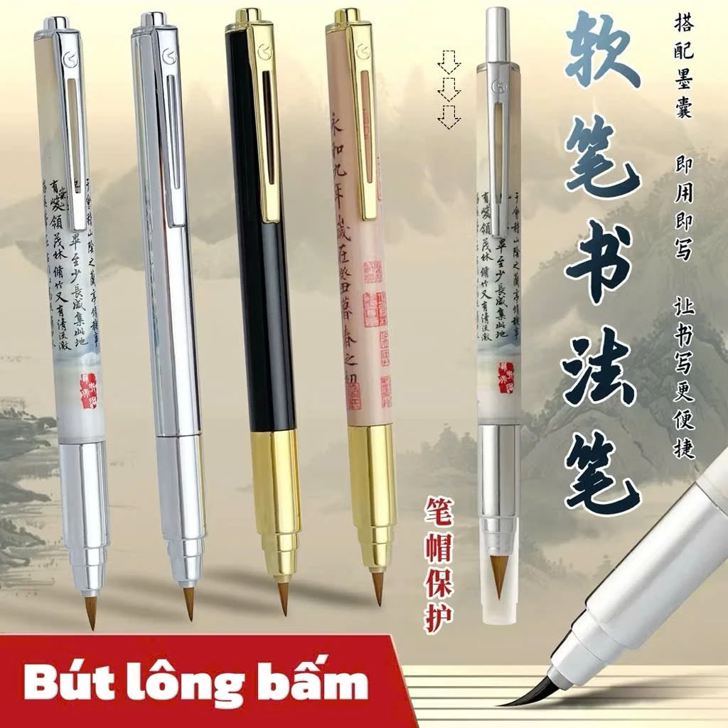 Bút lông bấm cao cấp chuyên dụng luyện viết chữ Hán, thư pháp tiểu khải (tặng 20 ống mực đen)