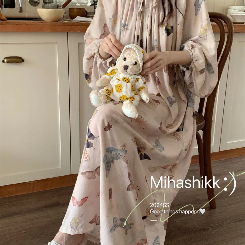 Đầm nữ cotton dây rút xuông dài hoạ tiết hoa bướm bốn mùa