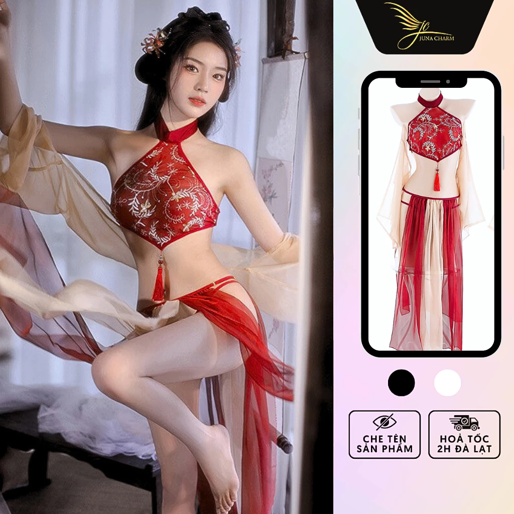 Cosplay Trung Hoa, Bộ Váy Ngủ Hóa Trang JUNA Freesize Thời Trang Đồ Ngủ Dành Cho Nữ, Chất Voan Phối Ren, Màu Đỏ/SP2001