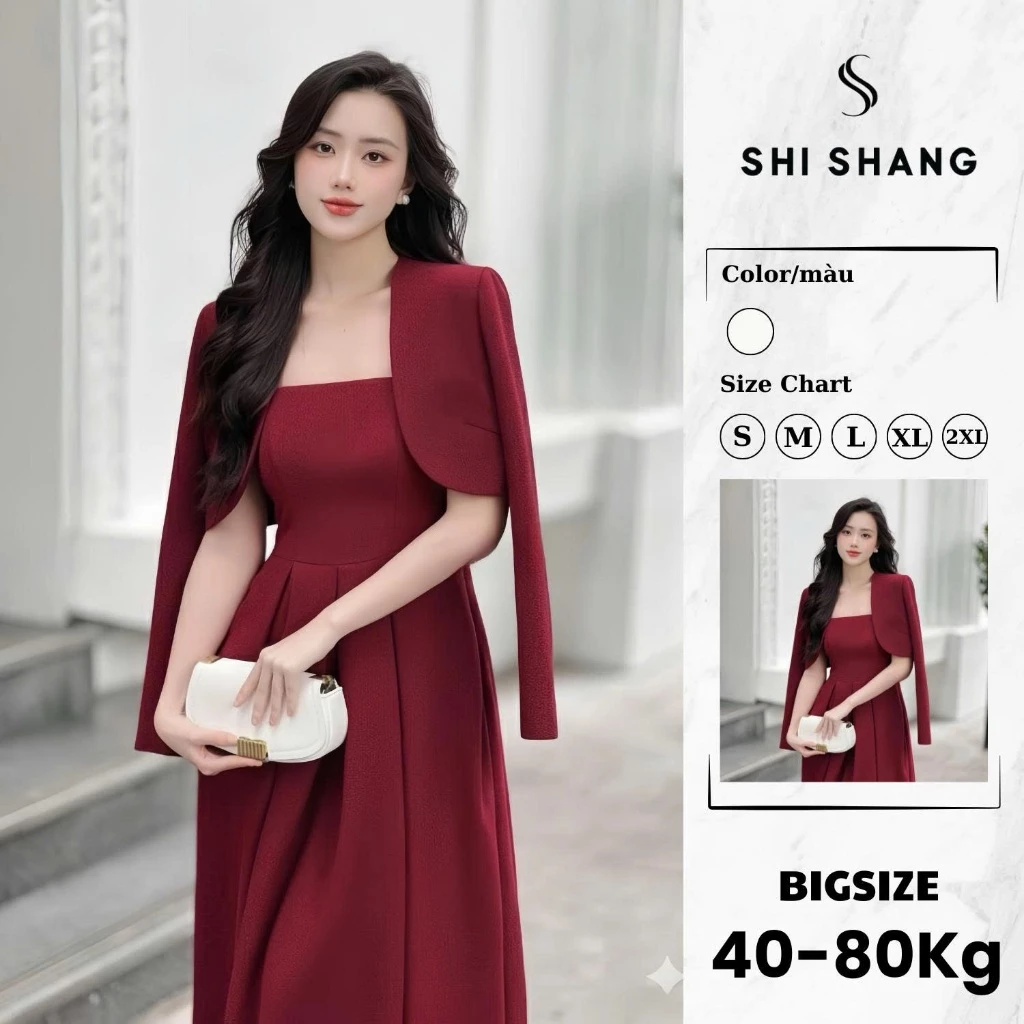 [𝐌𝐨̛̉ 𝐁𝐚́𝐧] Set Váy Dạ Đỏ Hai Dây Kèm Áo Khoác Ngoài, Set Đồ Nữ Mùa Đông Sang Chảnh có Bigsize by Shi Shang