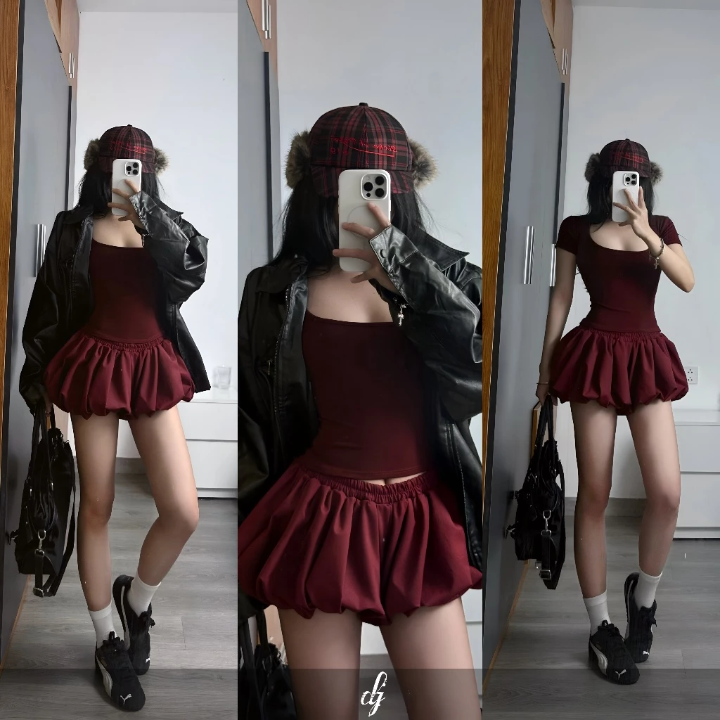 [ 𝐗-𝐌𝐀𝐒 𝐅𝐈𝐓𝐒 ] Set áo cổ vuông ôm body - Quần váy bí phồng đỏ tía cạp trễ, phong cách basic, sexy, dễ thương hằng ngày