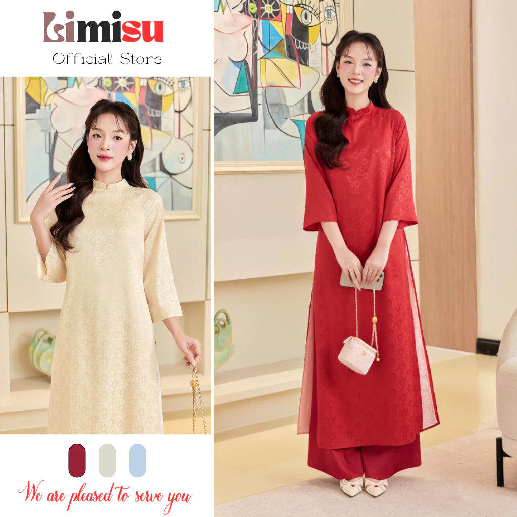 [Áo Dài Tết 2026] Áo Dài Cách Tân CÚC HỌA MI LIMISU Dáng Suông Vải Gấm , Áo Dài may 4 tà tay Loe
