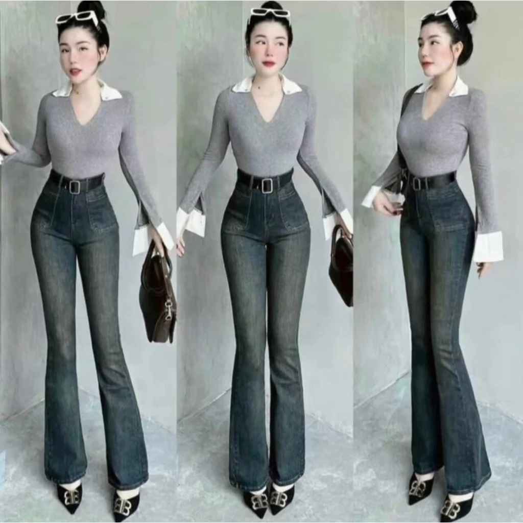 Quần jeans loe 2 túi trước mài đùi lưng cao co dãn tôn dáng dễ phối đồ