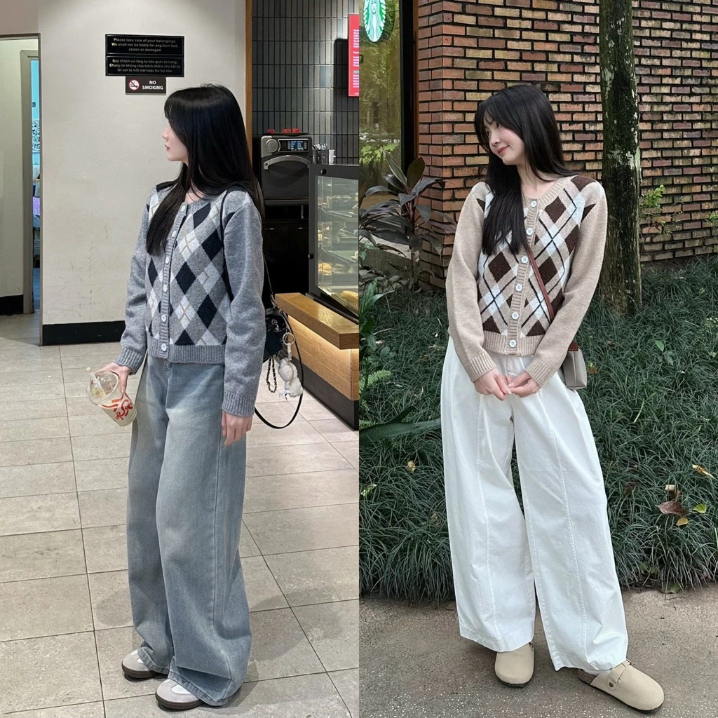 [Steezy] Áo khoác cardigan len lông cừu dày phối kẻ caro dáng lửng form vừa, áo khoác len dài tay thu đông cho nữ KC4110