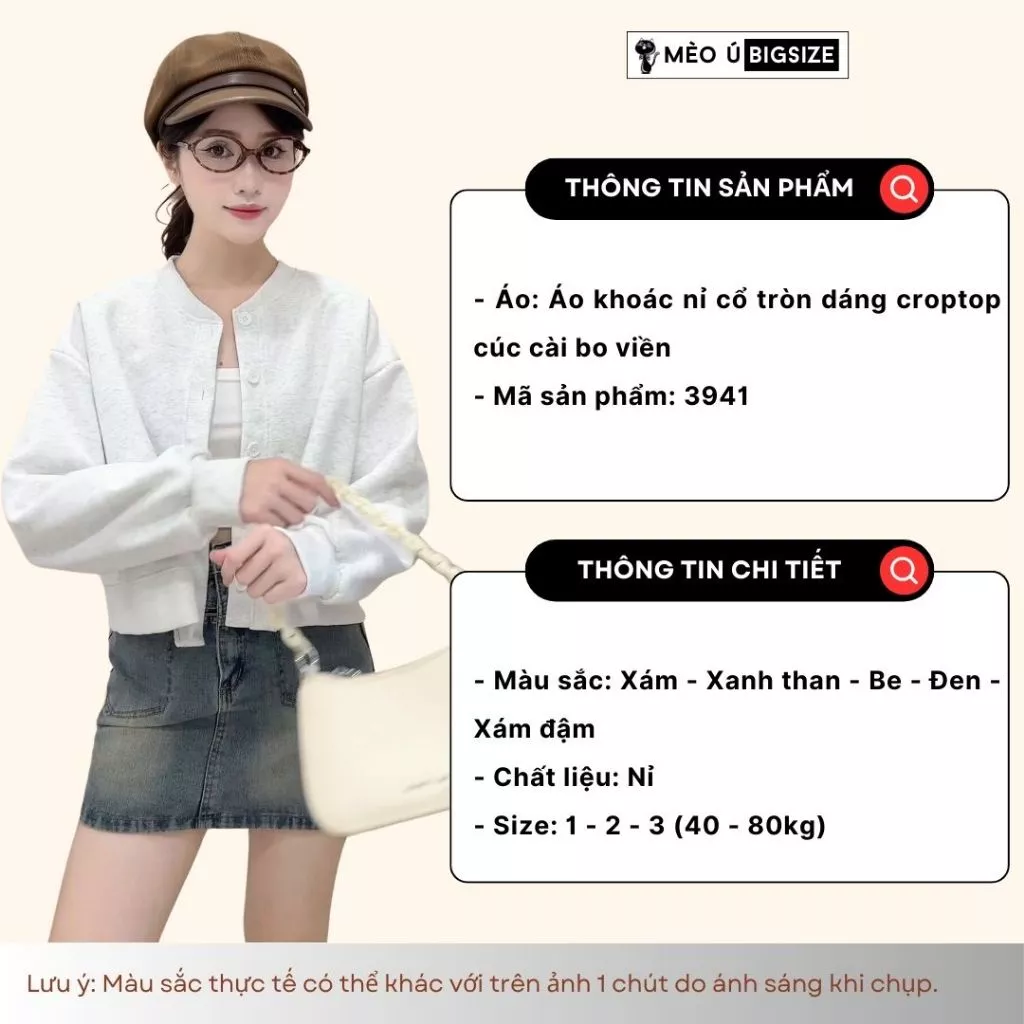 Áo khoác nữ BIGSIZE áo khoác nỉ cổ tròn dáng croptop cúc cài bo viền siêu xinh phong cách Hàn Quốc 3941