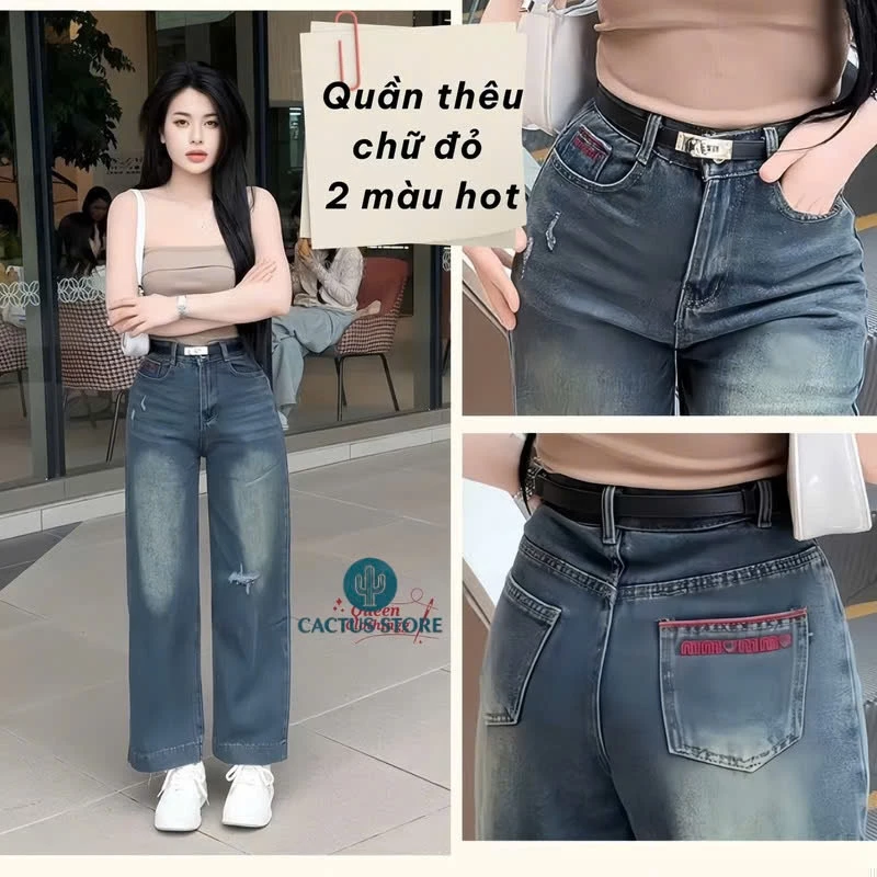 465 - Quần jeans ống suông nữ phối thêu chữ đỏ túi cá tính, quần jeans ống rộng nữ (Lẻ 1 quần + Combo 2 quần)