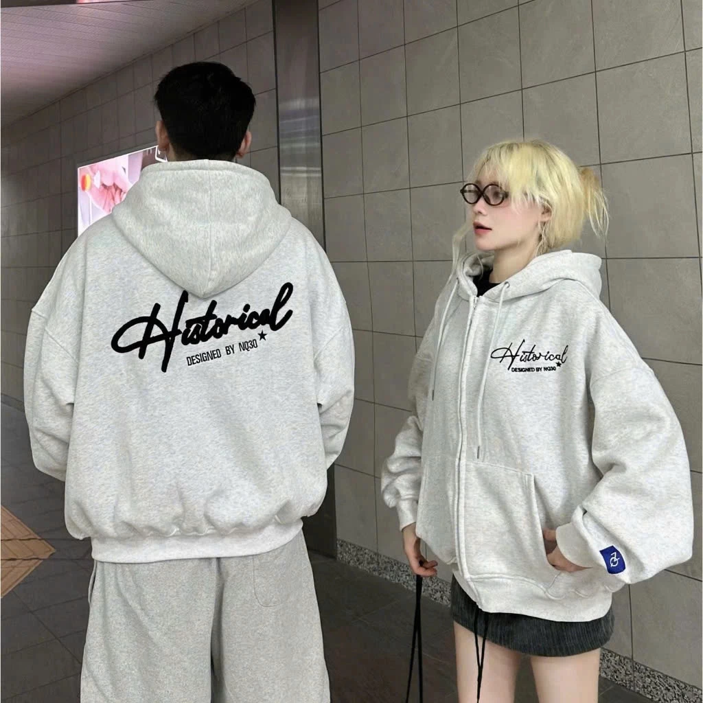 Áo Khoác Nỉ Hoodie Zip COTTON Form Boxy Thêu Xù NQ30 HISTORICAL Form Rộng Nam Nữ Unisex 2025