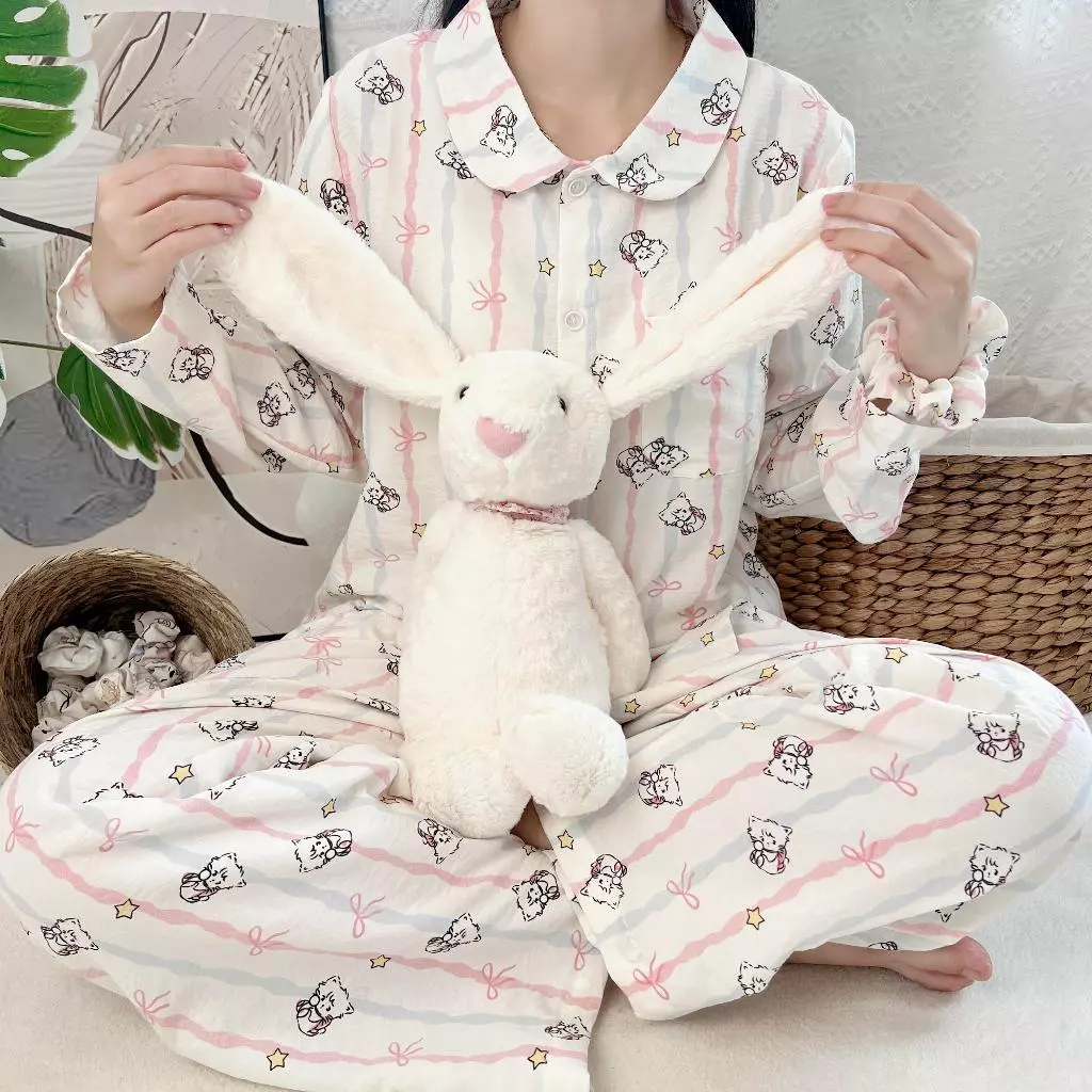 [Tobu] Bộ Đồ Ngủ Cổ Sen Dáng Dài Chất Liệu Đũi Nhăn Mặc Nhẹ Và Mát Nhiều Họa Tiết Dễ Thương 2 Size Cho Nàng