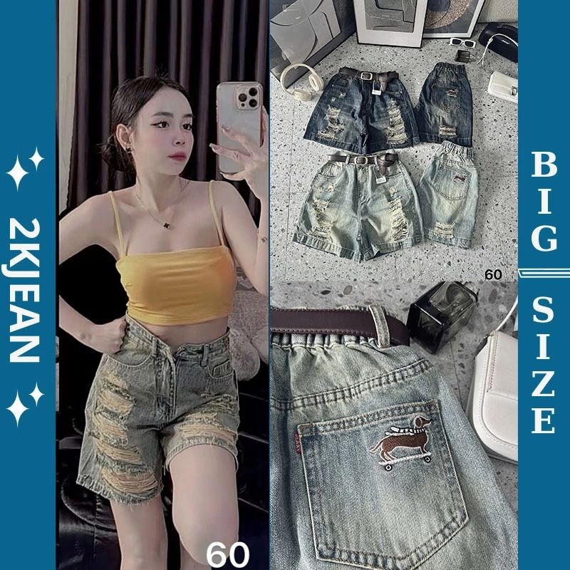 Quần short ngố jean nữ rách cạp chun thêu sau túi bigsize 55-85kg, quần ngố lửng rách cạp lưng thun QC60 2KJeans