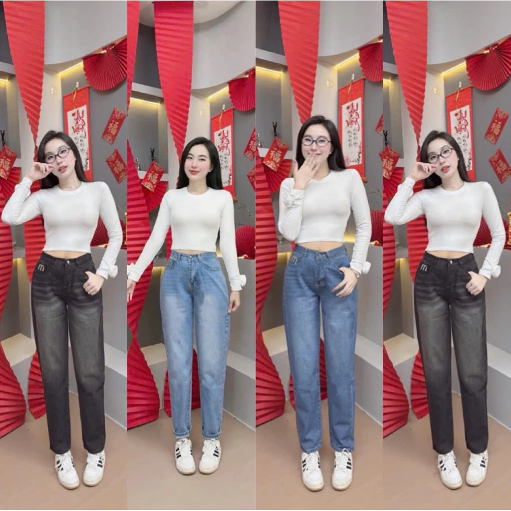Quần baggy khóa kéo ống đứng không có giãn phối thêu chữ (M)ở túi sau và túi trước