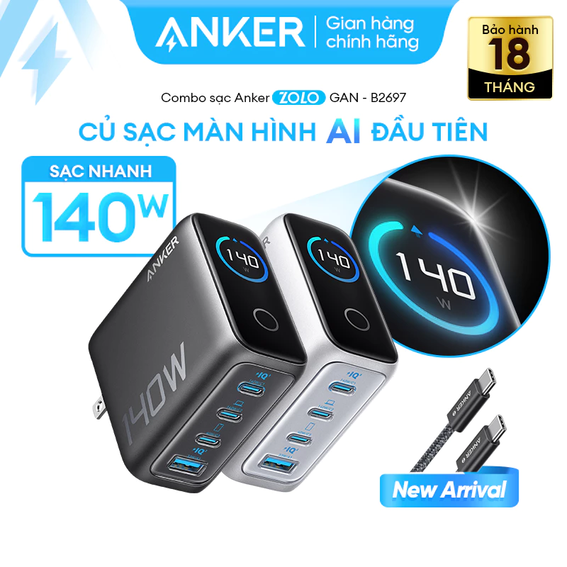 [LIVE] Bộ sạc nhanh Anker ZoLo 140W (4cổng, GaN) sạc cho laptop- 3 USB-C PD & 1 USB-A sạc 4 thiết bị cùng lúc - B2697