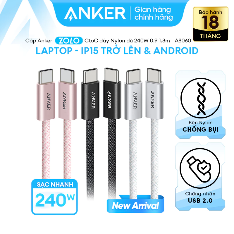 [LIVE] ] Cáp sạc nhanh ANKER Zolo USB-C to USB-C cho iPhone 15-17- Android -Laptop| Công suất 240W | Chip E-Maker- A8060