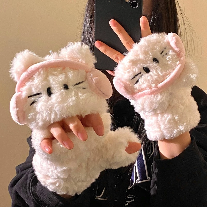 Găng tay hở ngón hình mèo lông xù đeo tai nghe đáng yêu giữ ấm tay mùa đông - Bao tay nữ cute phong cách Nhật Bản