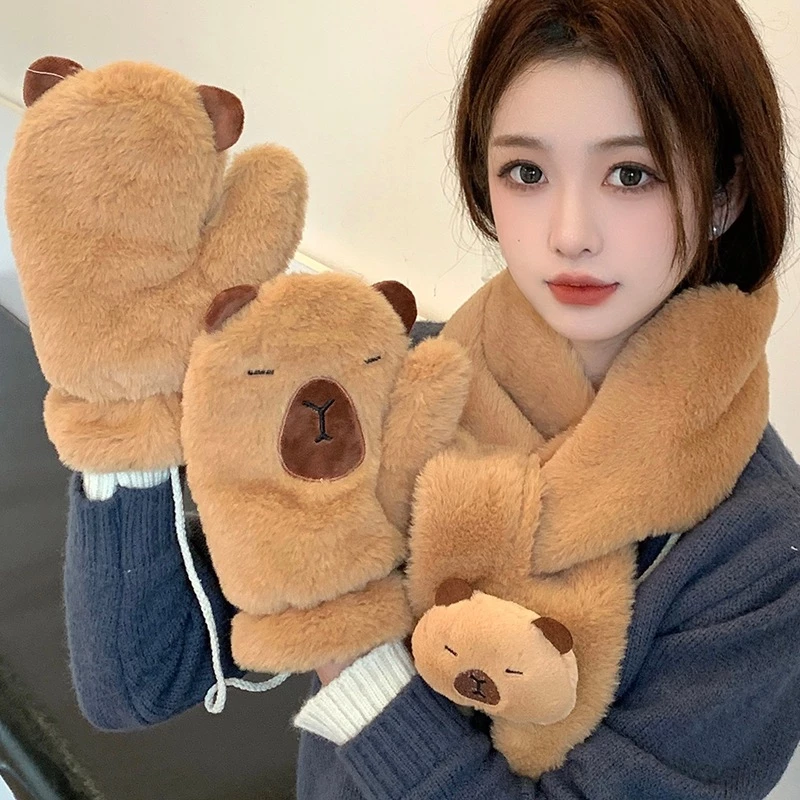 Set Khăn và Găng Tay Capybara Lông Mềm Dày Dặn Giữ Ấm Mùa Đông – Phụ Kiện thời trang Cute Cho Nữ