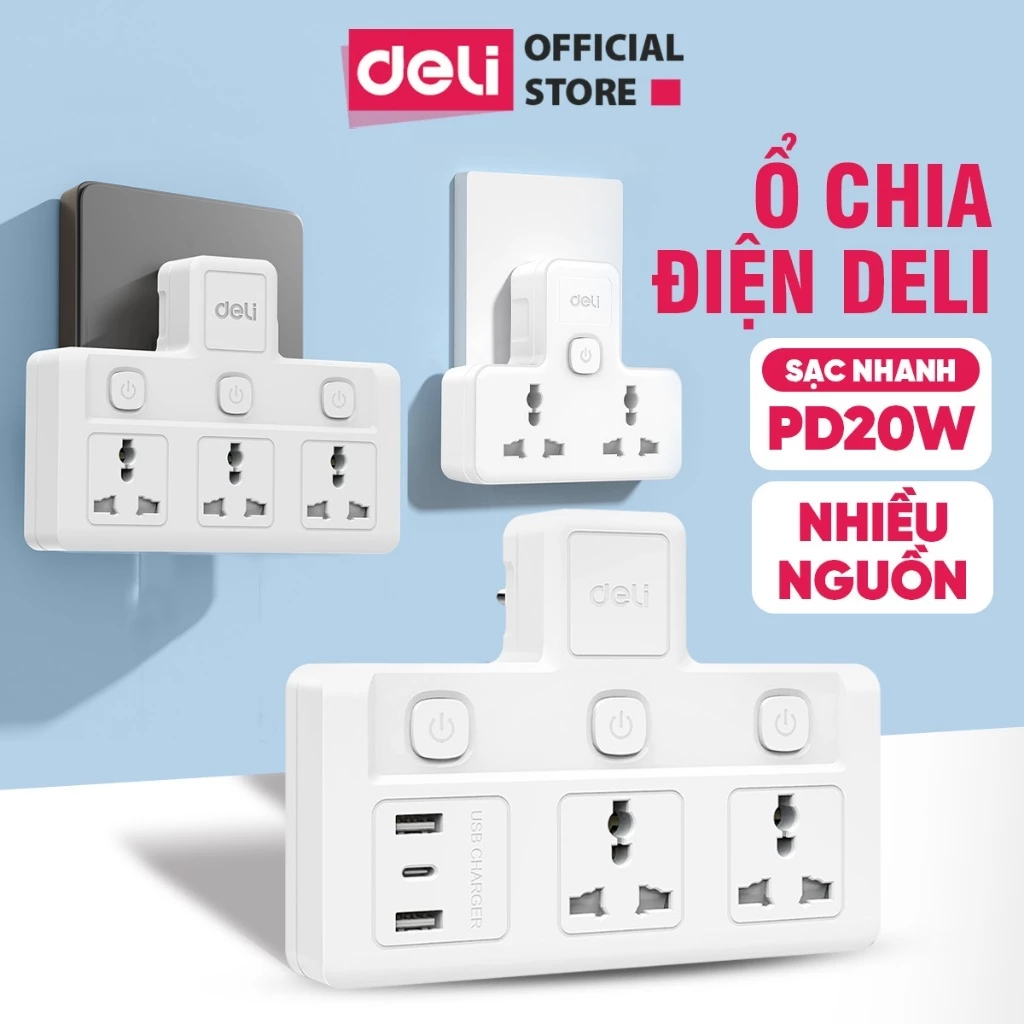 [SIÊU RẺ] Ổ Cắm Chia Điện 2500W Deli, Ổ Cắm Chữ T Nhiều Nguồn  Không Dây Tích Hợp Cổng Sạc USB TypeC PD20W