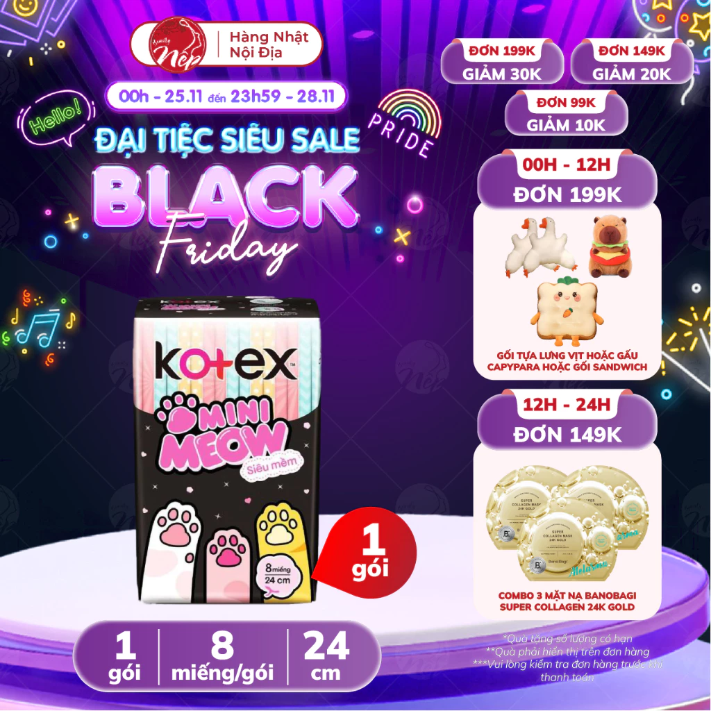 Băng vệ sinh Kotex Mini Meow, siêu mềm mỏng cánh, 24cm 8 miếng - Nepbeauty