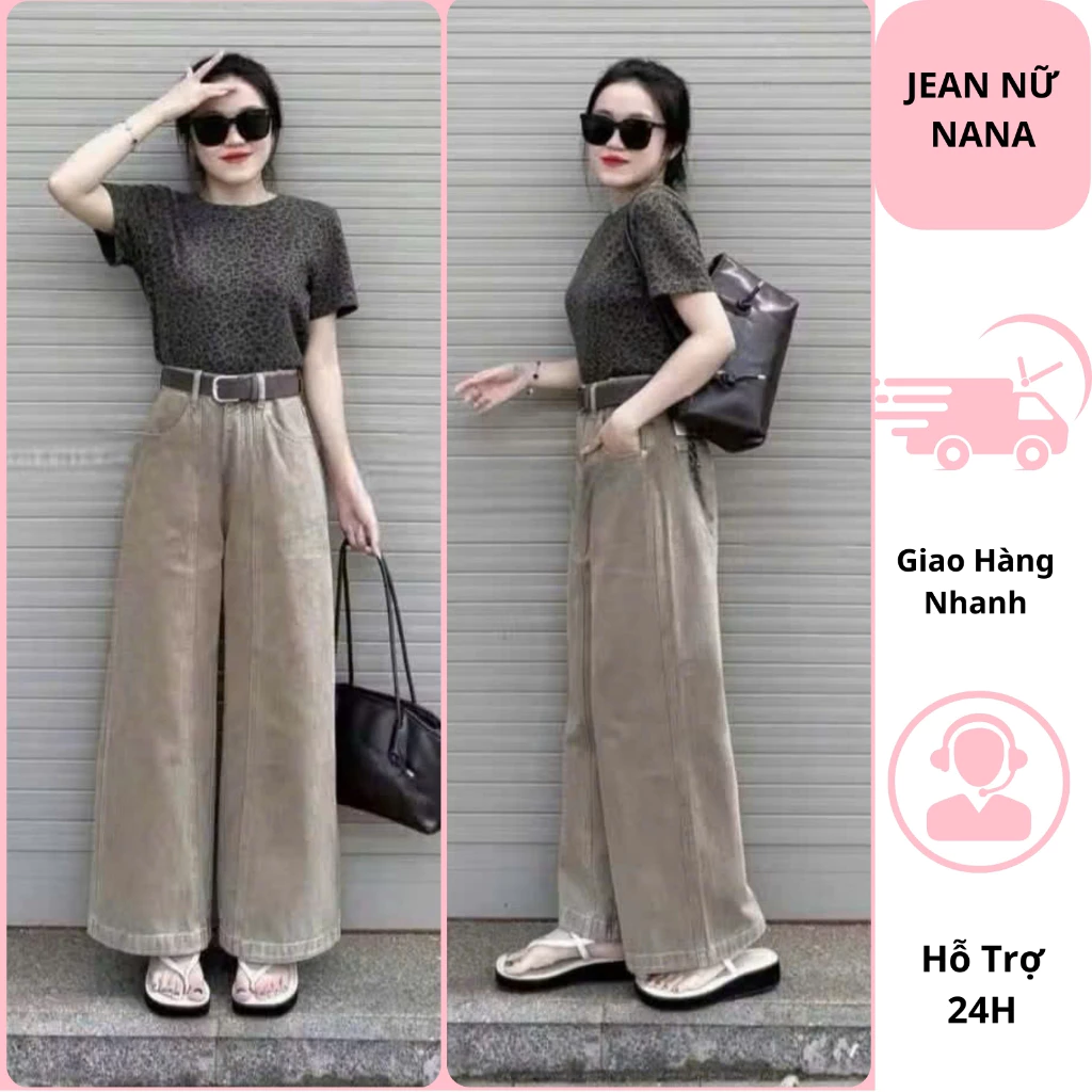 Quần jeans nữ ống suông gân giữa màu nâu tây cạp cao chất vải mềm mại quần bò nữ ống rộng dài 100cm httrend 2025