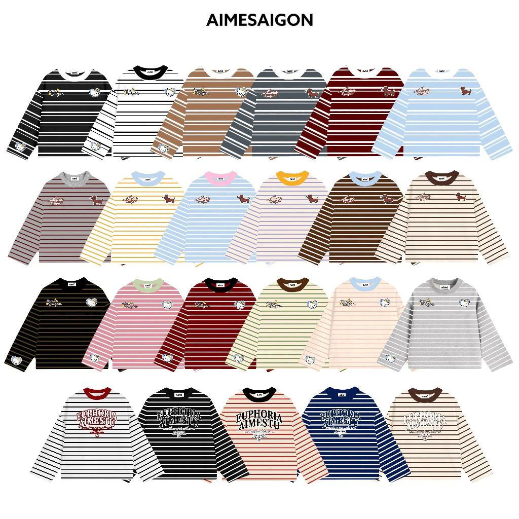 [TDSN] Aimesaigon Áo Thun Tay Dài Sọc Ngang Thun Borip QC Long Sleeve Boxy Form Rộng Cổ Tròn "DOG - EUPHORIA" Unisex