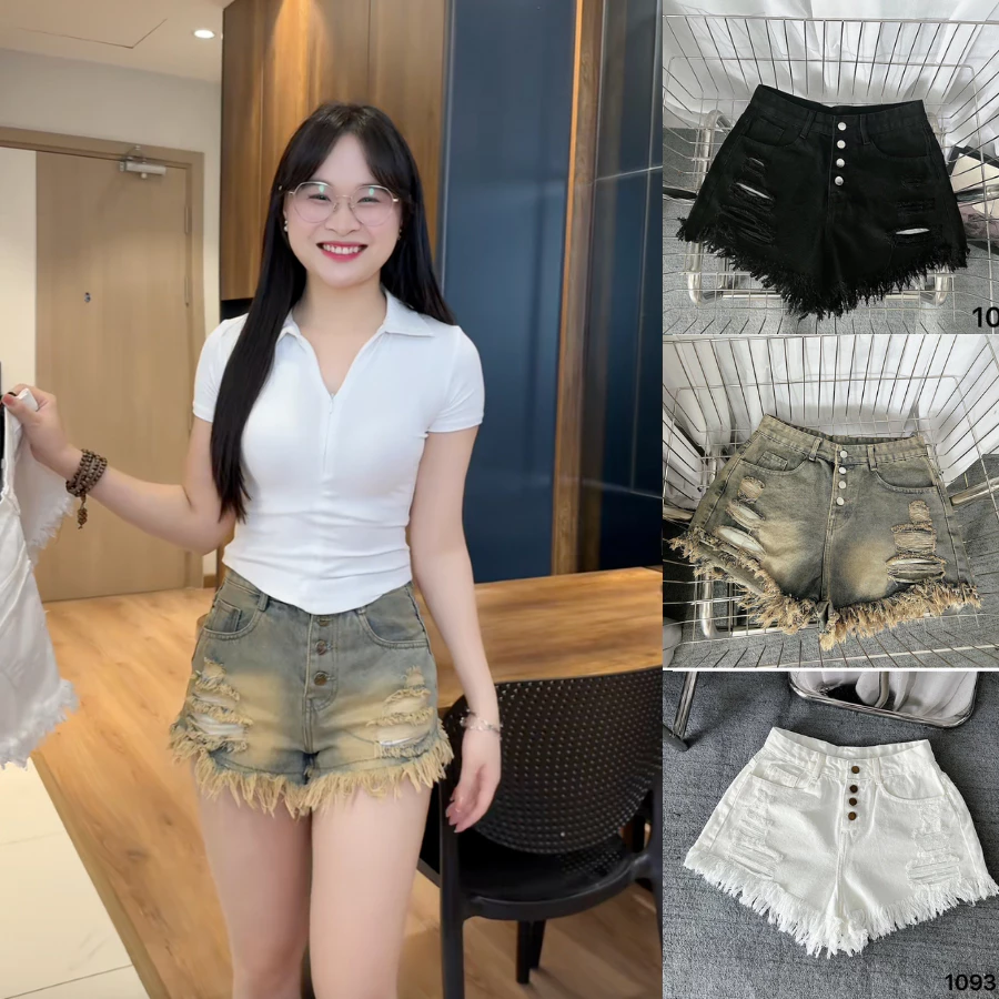 Quần Short Ngắn Jean Nữ Quần Đùi Bò Lưng Cao Rách Ống Tua Rua Phong Cách Trẻ Trung Bigsize 40-90kg MS1093