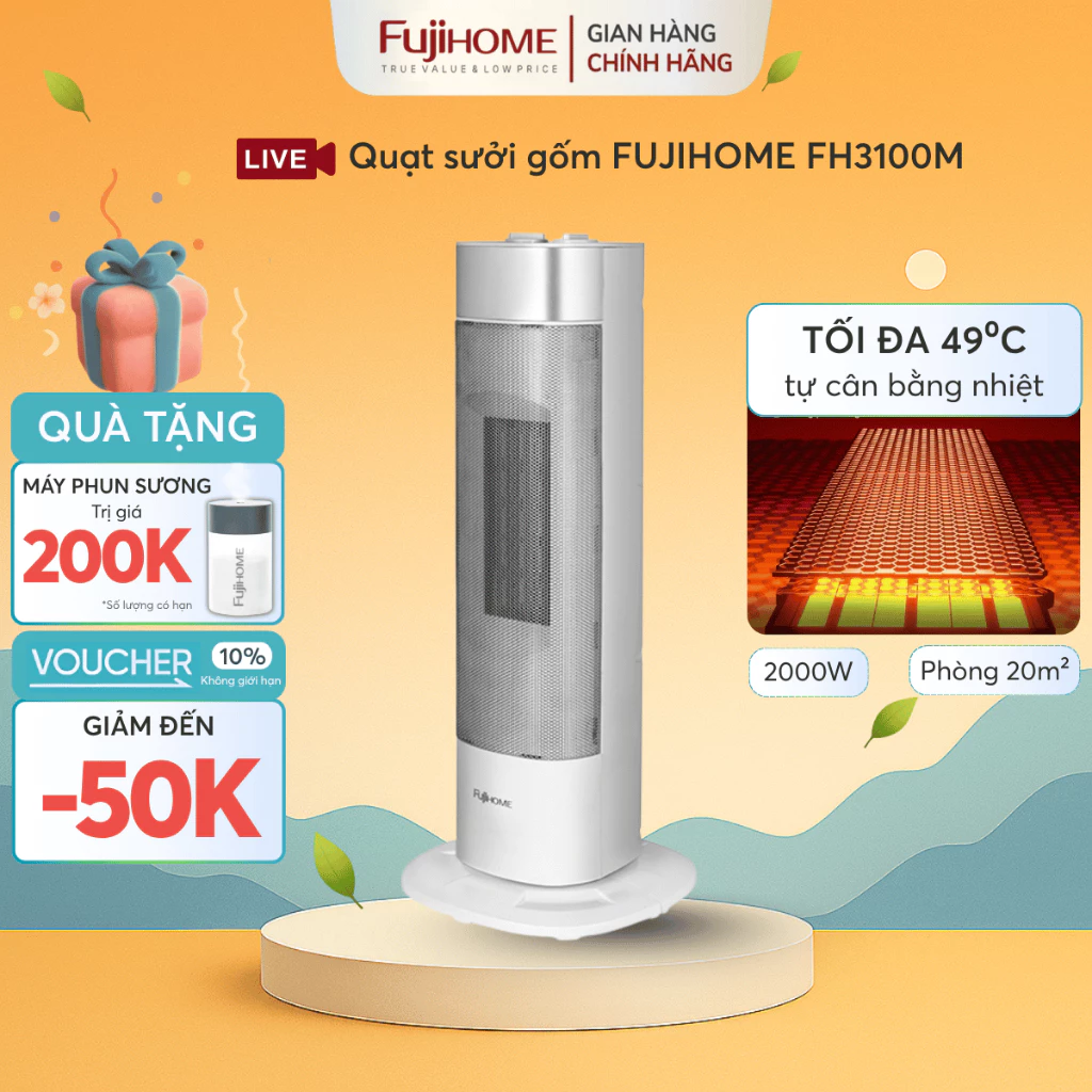 Quạt Sưởi Gốm Nhập Khẩu FUJIHOME FH3100M 2000W, máy sưởi phòng ngủ an toàn heater ấm nhanh mùa đông