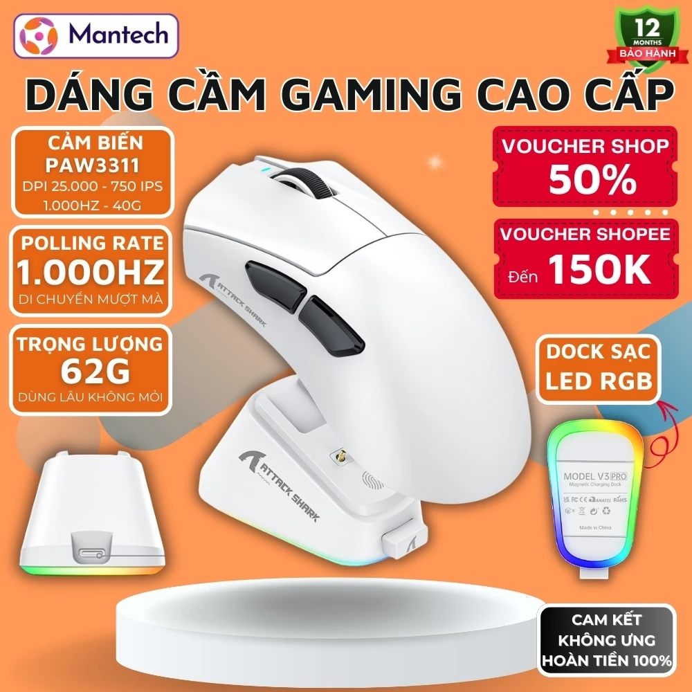 Chuột Gaming Không Dây Attack Shark V3 Pro – 3 Chế Độ Kết Nối, Trọng Lượng Nhẹ 62g, Dock Sạc Từ RGB