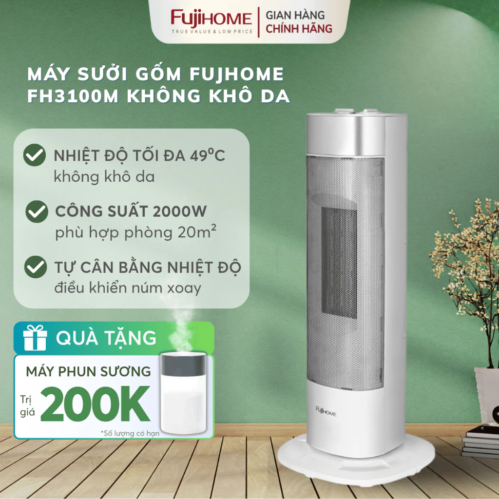 Máy Sưởi gốm Nhập Khẩu FUJIHOME FH3100M 2000W, quạt sưởi phòng ngủ ấm nhanh tiết kiệm điện heater