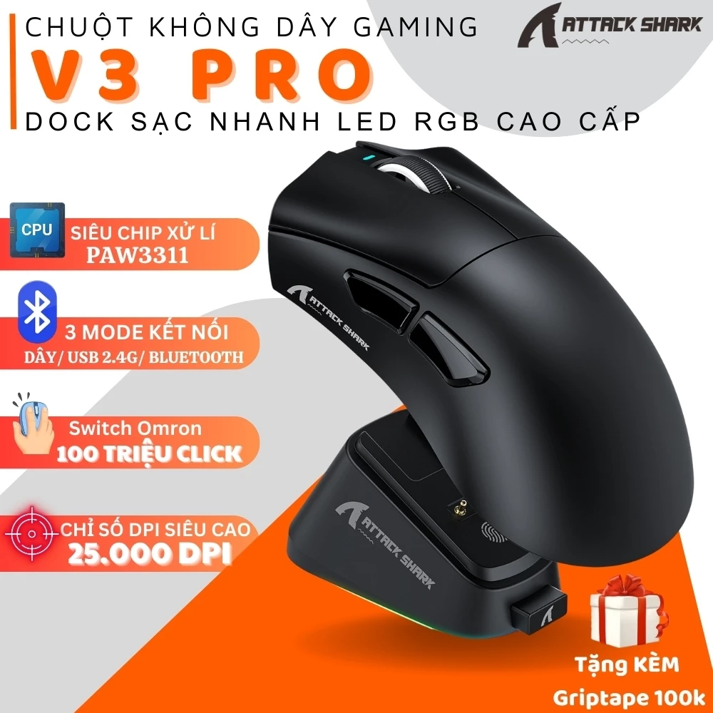 Chuột Gaming Attack Shark V3 Pro – Tri-Mode, 25.000 DPI, PAW3311, Switch Omron 100M, Dock Sạc Từ RGB