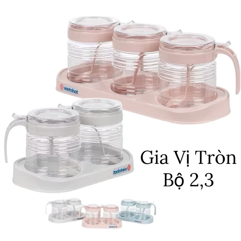 [Top value] Bộ 2,3 lọ gia vị tròn Hokori Việt Nhật đựng có nắp đậy, tay cầm an toàn, tiện lợi, Bộ đựng gia vị