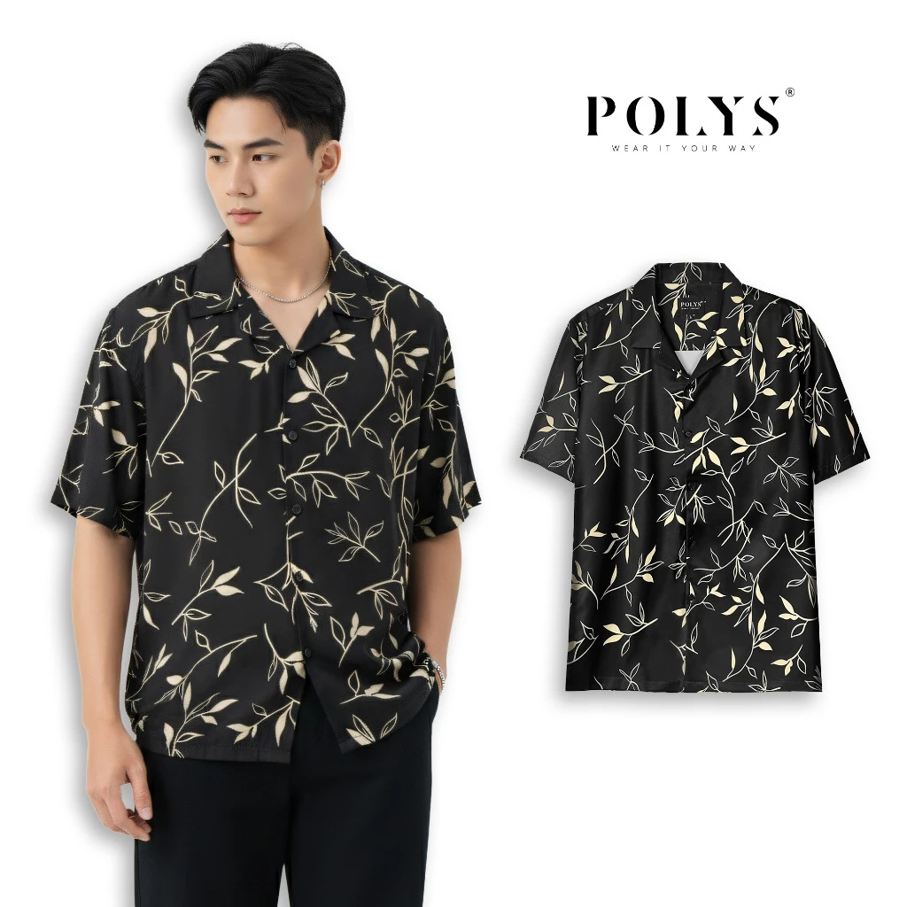 Áo sơ mi nam POLYS, Vải Lụa co giãn 4 chiều mềm mịn thoáng khí. Sơ mi họa tiết GOLDEN LEAVES