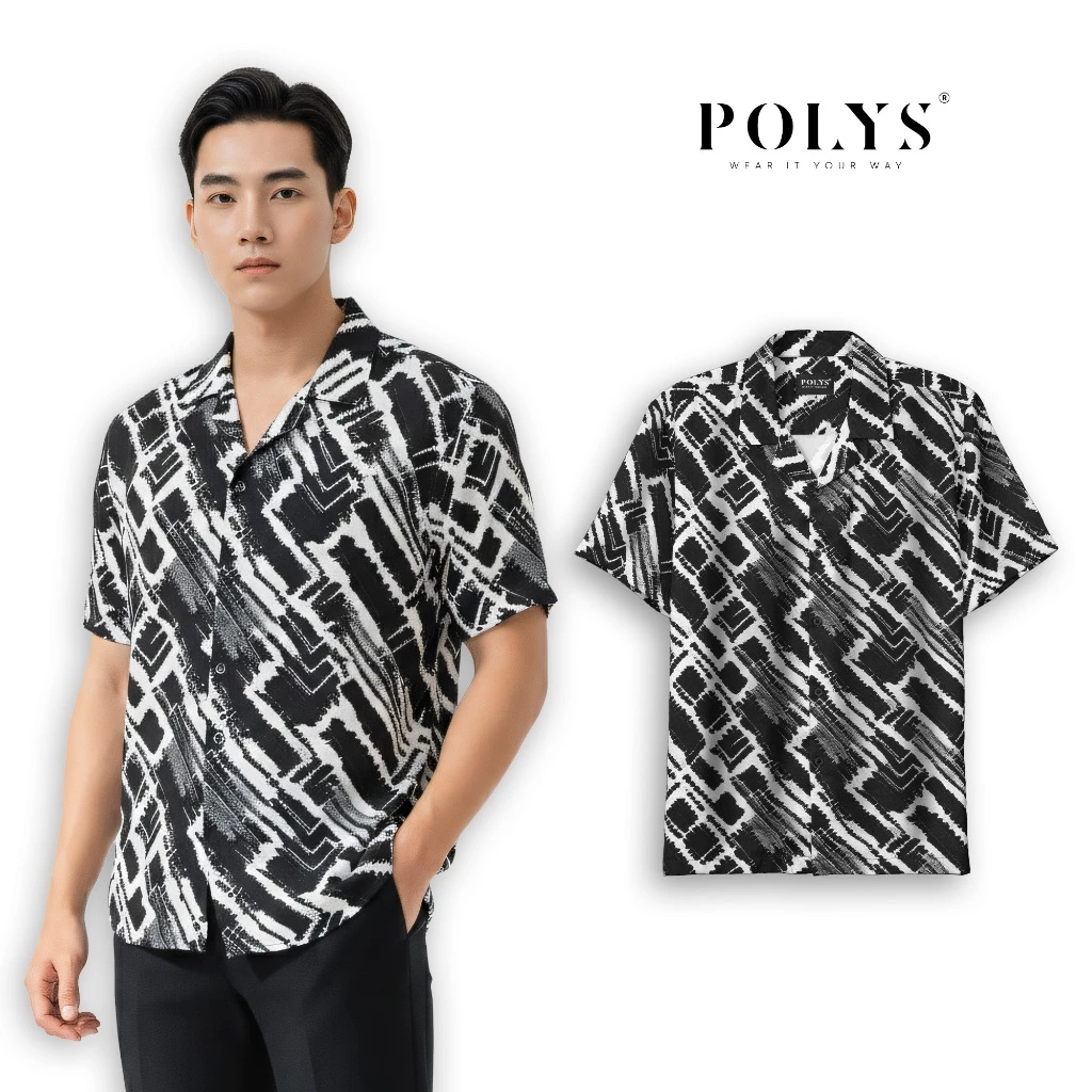 Áo Sơ Mi Họa Tiết Ngắn Tay Nam POLYS, Lụa Mango Không Nhăn, Mềm Mịn Giãn 4 Chiều ZIG ZAG