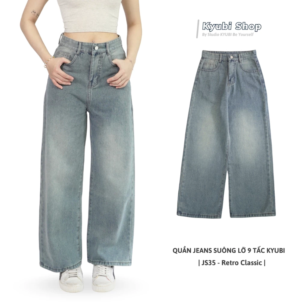 Quần jeans ống suông rộng lửng 9 tấc Nấm Lùn chất liệu vải Premium cao cấp (có bigsize)-quần bò tôn cao dáng Kyubi JS18