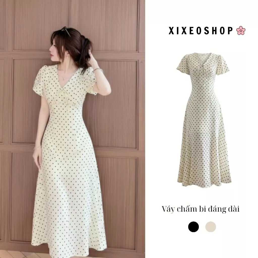 Váy chấm bi XIXEOSHOP dáng dài và dáng ngắn cổ V tay phồng hàn quốc xixeoshop - V55