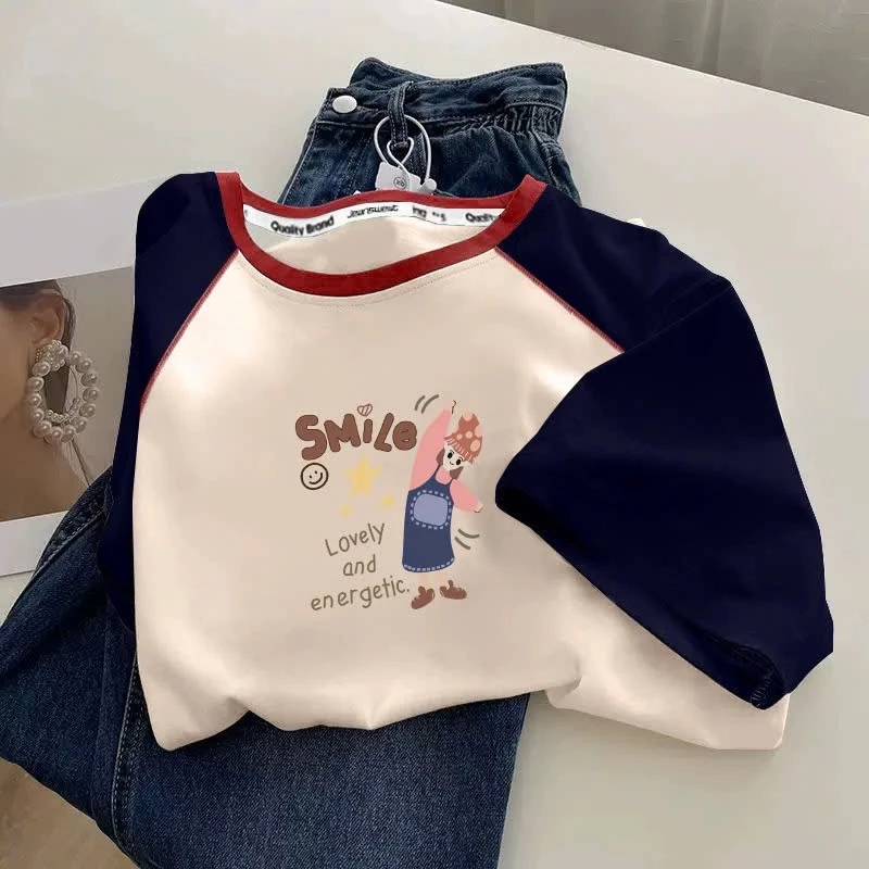 Áo ngắn tay Ragan nữ phối màu xanh đậm in hình cá tính ALICEVN, Áo phông nữ dáng rộng chất cotton dày dặn, mềm mịn