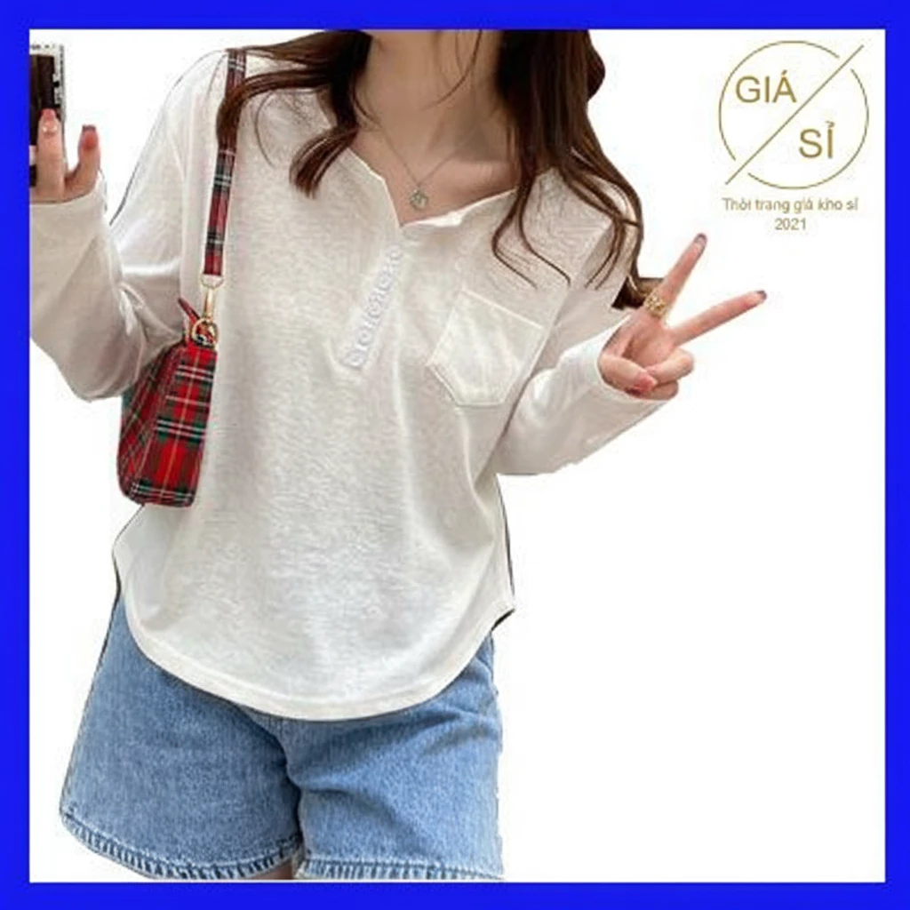 Áo thun nữ tay dài vải xược siêu xinh mẫu mới có nút cài màu trắng, kem, xanh bán chạy giá rẻ