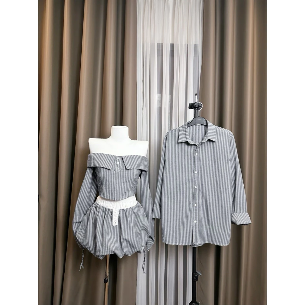 (S - 76)[GIÁ MỞ BÁN] Set đồ đôi nam nữ couple bộ nữ trễ vai tay dày kèm chân váy bí phồng và áo sơmi nam tay dài
