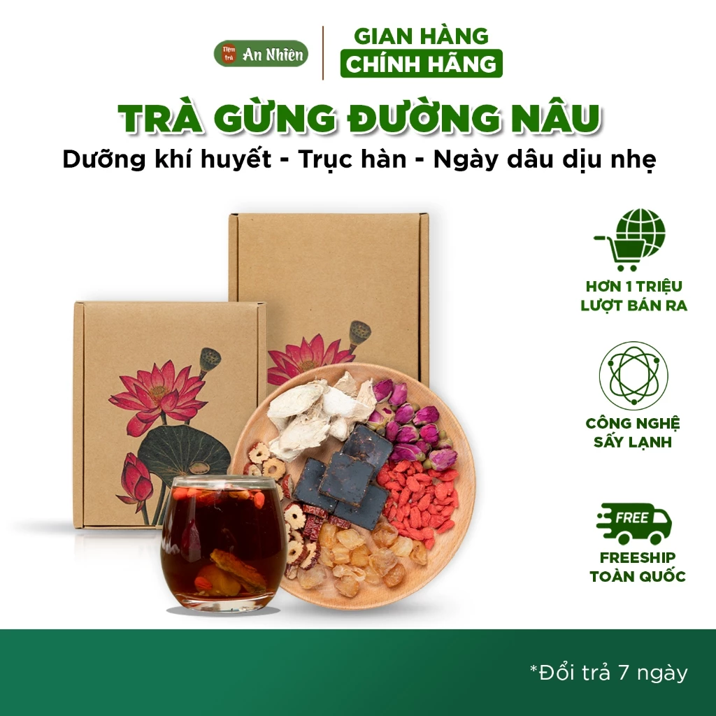 [Combo Trà + Bình thuỷ tinh] - Trà Gừng Đường Nâu Thảo Mộc An Nhiên 15 gói + Bình Pha Trà 500ml