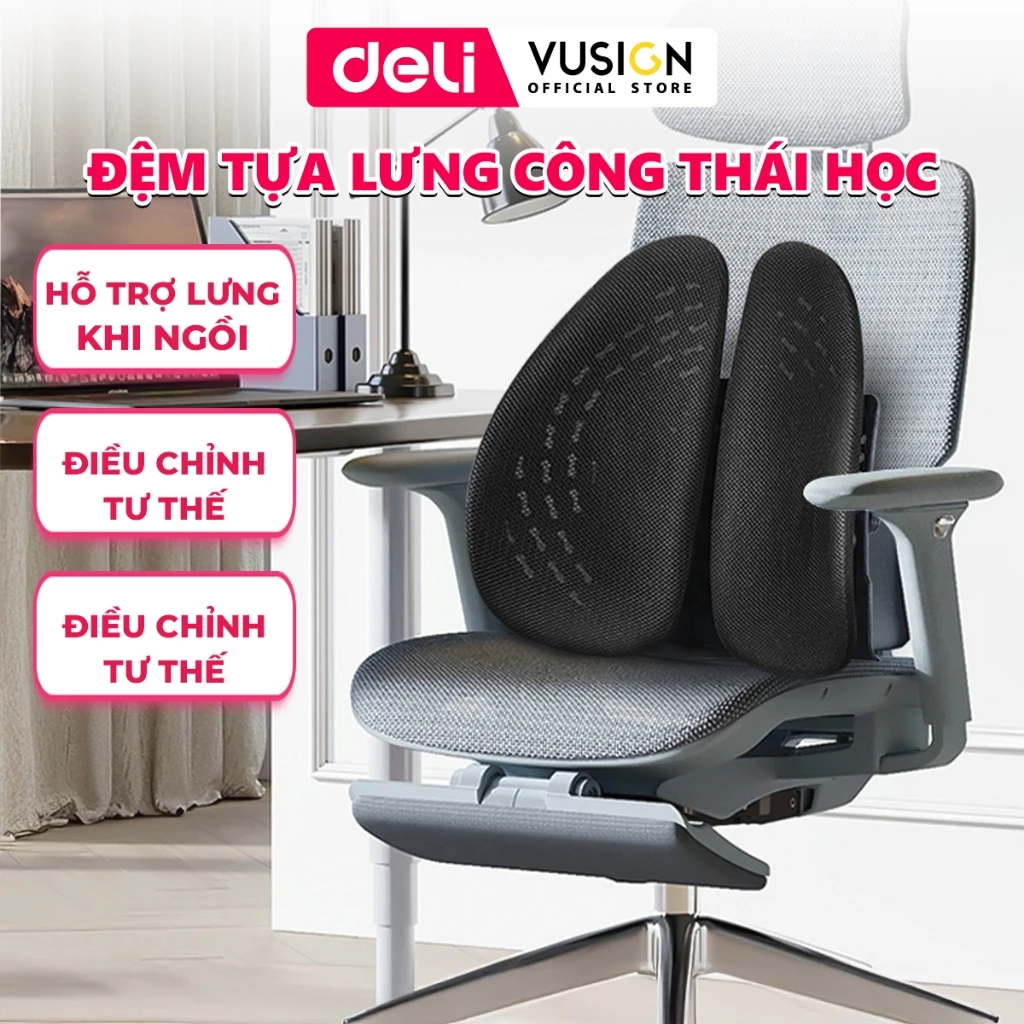 Tựa lưng ghế công thái học Deli dùng cho mọi ghế, chống còng mỏi lưng, thoáng khí abs chắc chắn cho dân văn phòng
