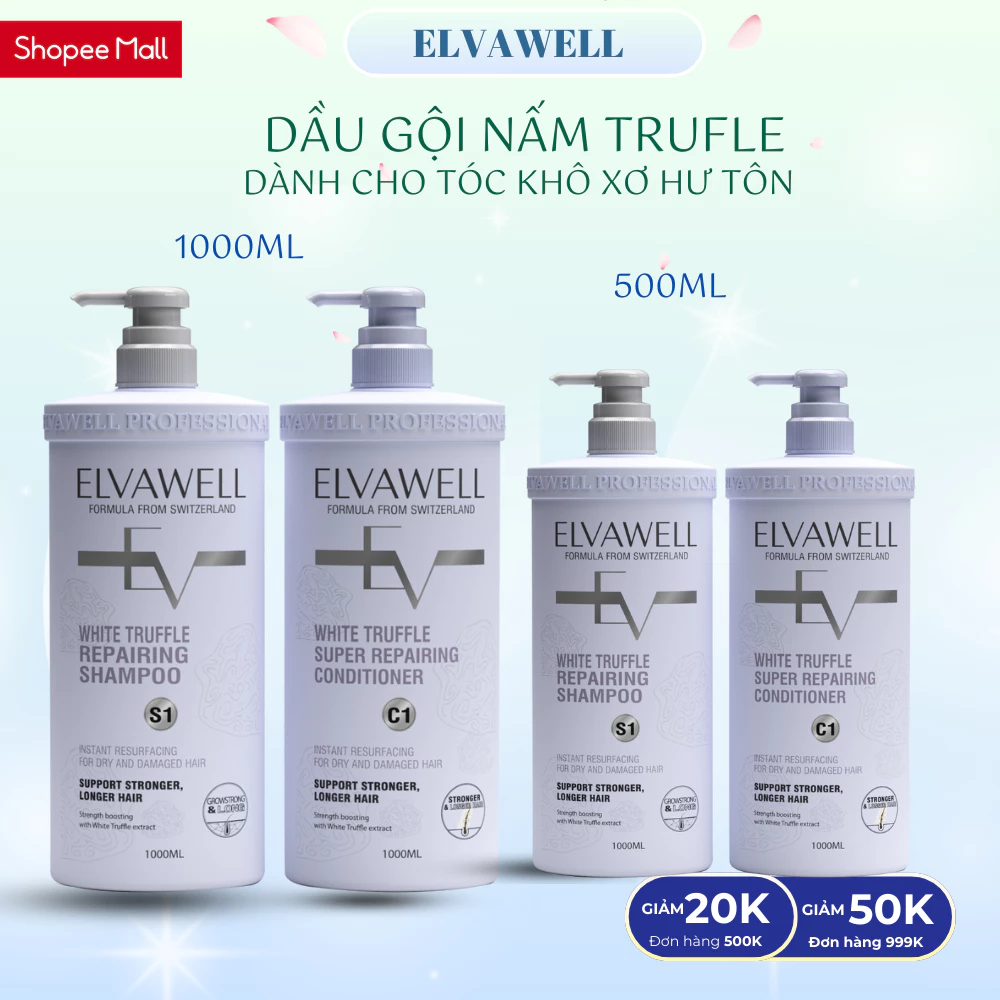 Dầu gội xả Elvawell White Trufle Repair phục hồi tóc khô xơ hư tổn, Bộ Màu TÍM