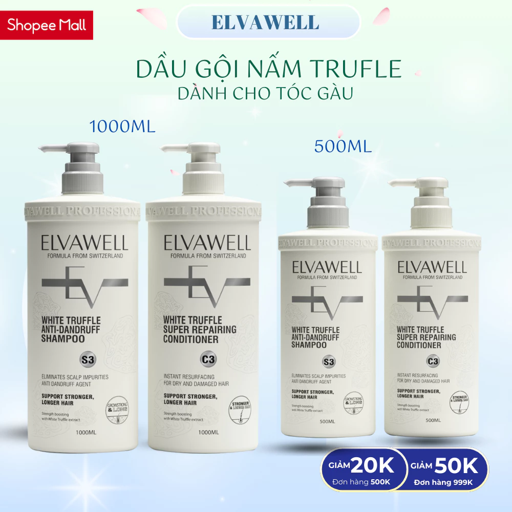 Bộ dầu gội dầu xả Elvawell White Truffle, giảm gàu siêu suôn mượt, Màu trắng