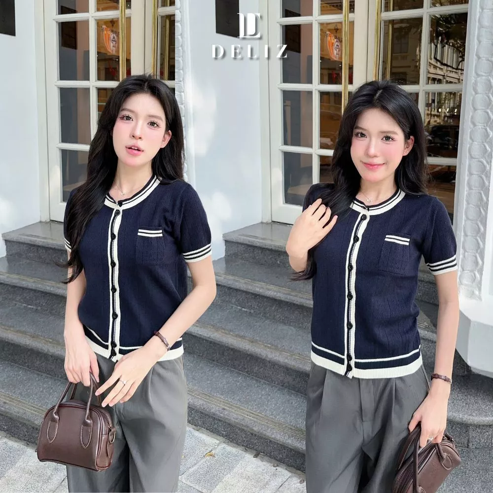 Áo len ngắn tay dệt trám phối cúc cổ tròn basic công sở chất len lông thỏ mềm mại DELIZ PL44 300G