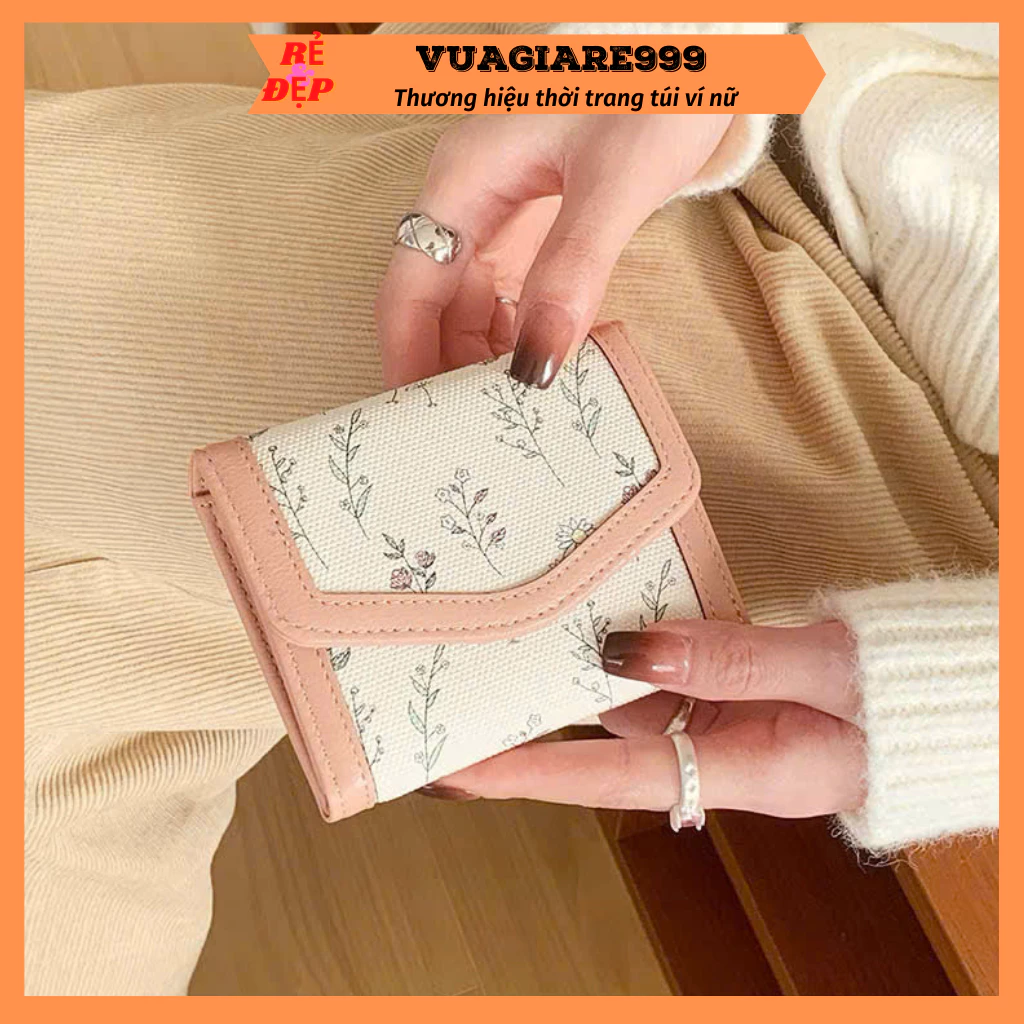 Ví nữ ngắn mini cầm tay dáng gập thiết kế in hoa xinh dễ thương nhiều ngăn đựng tiền thẻ thời trang hàn quốc VN48