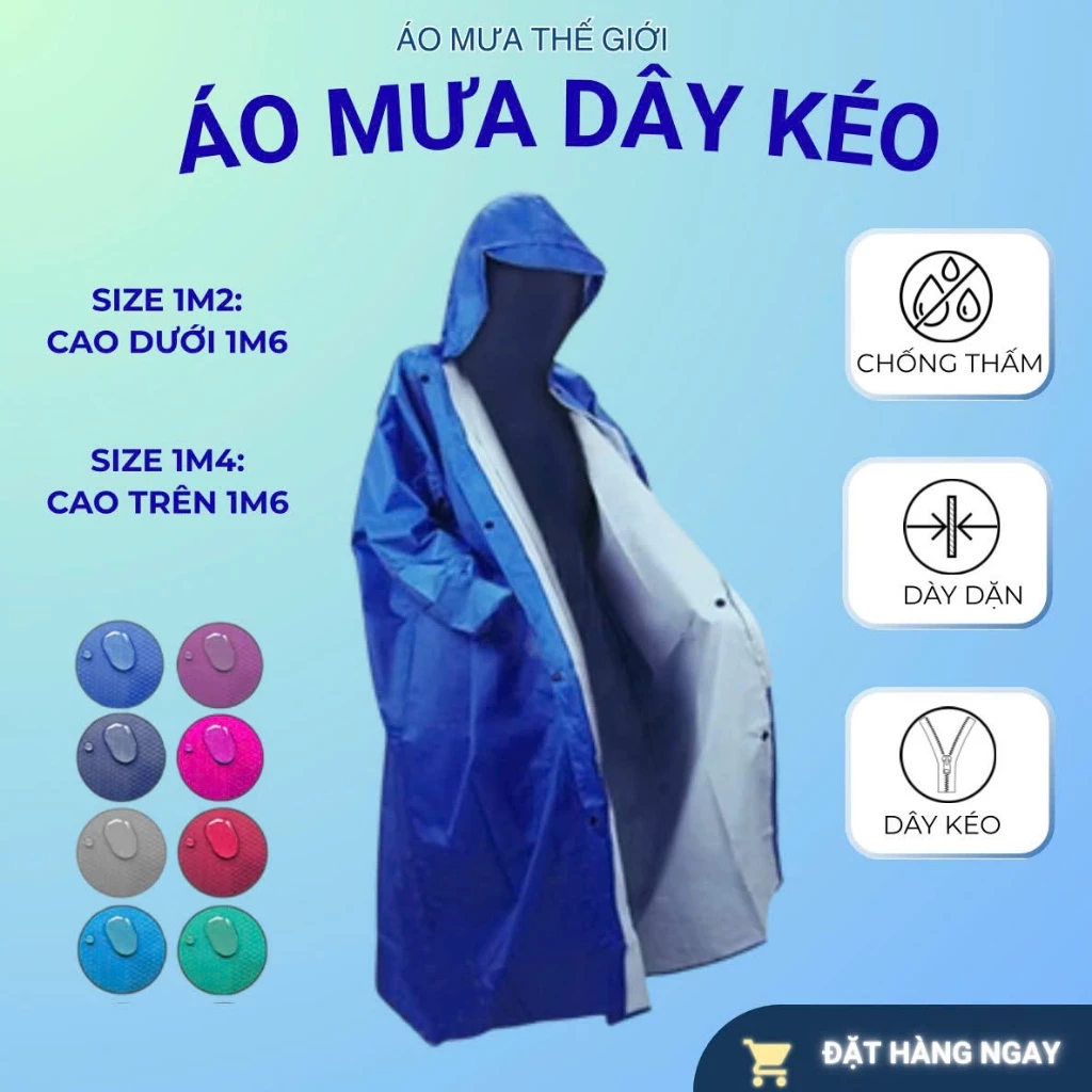 Áo Mưa Bit Dây Kéo Trước Chất Liệu Vải Dù Tổ Ong,Da Cá Cao Cấp, Hàng Chất Lượng Cao Size 1m2-1m4 đang được đối chiếu cho người mua tại Việt Nam