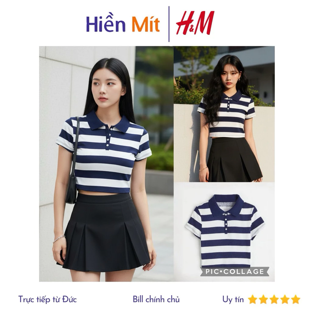 (Size XXS siêu co giãn) H&M Đức - Áo croptop cổ polo sọc ngang trắng và xanh dương sale auth new tag 1061512002 HM