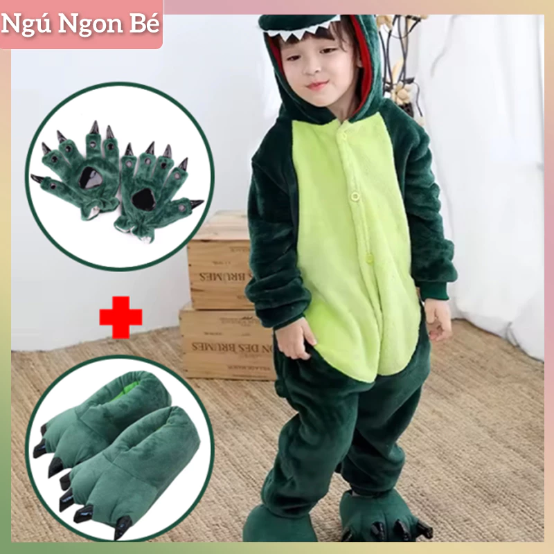 Bộ đồ liền thân khủng long cho bé Bộ khủng long xanh lá bao gồm giày và găng tay đi kèm Đồ ngủ trẻ em mùa đông