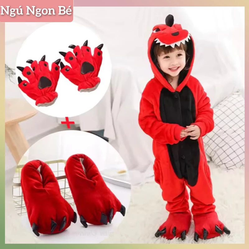 Bộ đồ liền thân khủng long đỏ Trang phục biểu diễn cho trẻ em Bộ đồ ngủ bằng vải flan có mũ trùm đầuBộ khủng long ba món
